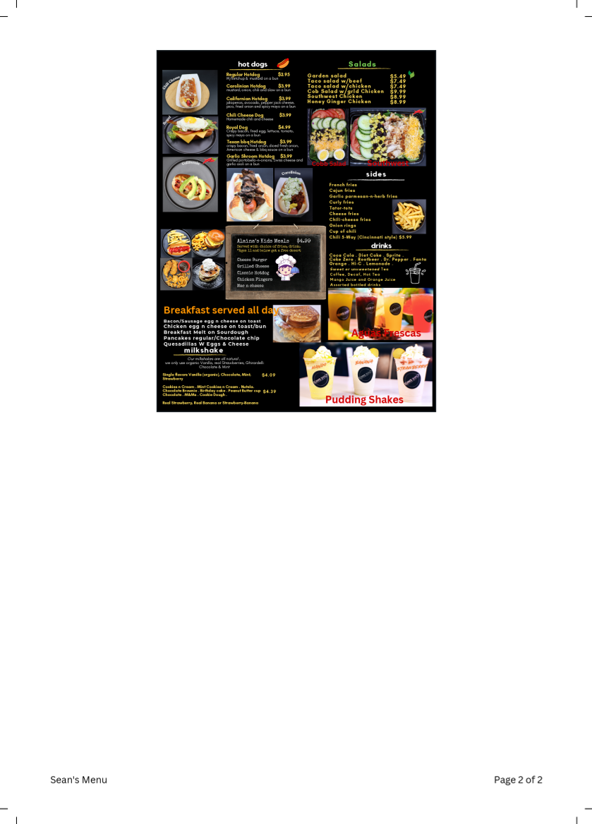 Sean's Shack Menu - Image 1