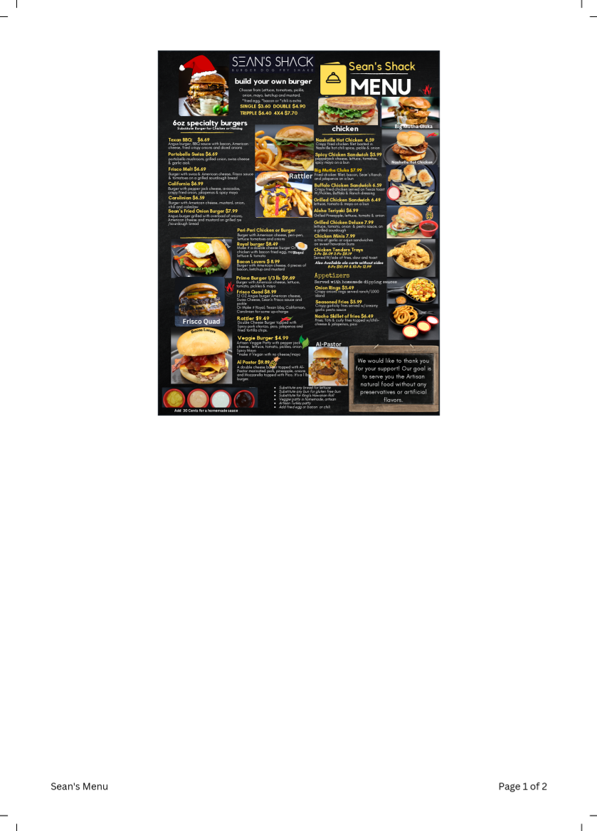 Sean's Shack Menu - Image 2